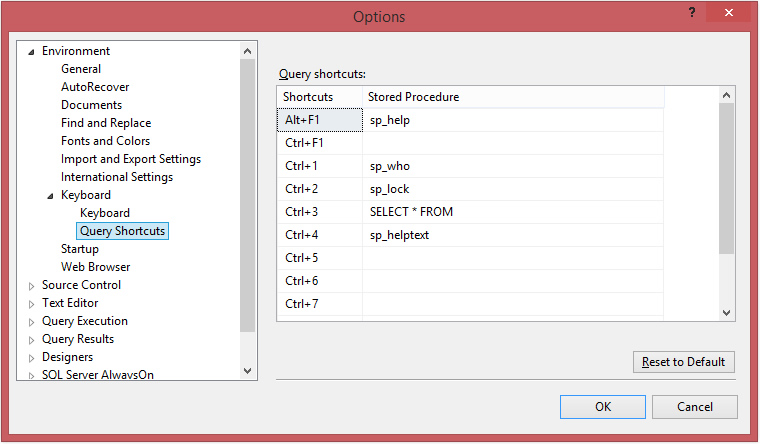 SQL Server Management Studio keyboard Shortcut Options